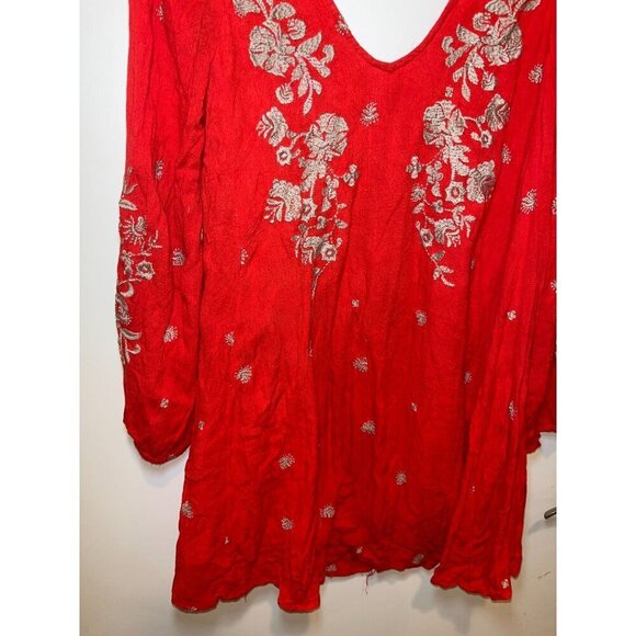 Free People Sweet Tennessee Red Embroidered Bohemian V-Neck Mini Dress Small - Picture 4 of 9